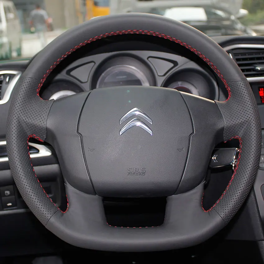 Wheel cover Red PONSNY Рулевое управление автомобиля/Шестерня/ручной тормоз натуральная кожа чехлы Чехол для Citroen C4 авто ручной сшитый черный чехол - Название цвета: Wheel cover Red
