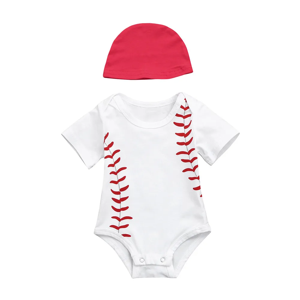 2Pcs Baseball Seam Print Cute Girls Boys Toddler Kids Outfits Clothes Short Sleeve Romper+Hat Jumpsuit Set Dropshipping | Мать и ребенок