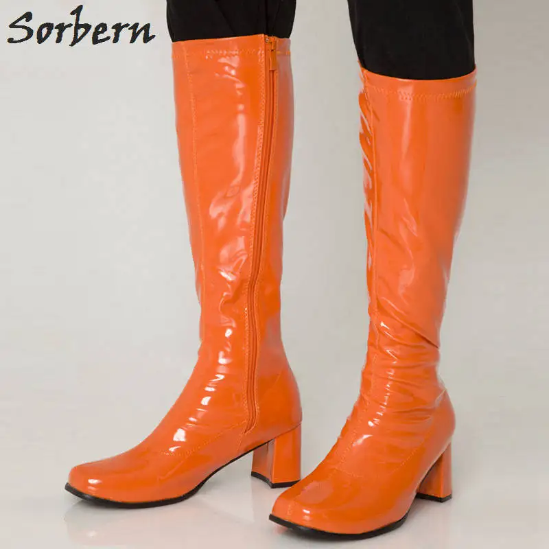 Orange Shiny Sorbern/костюмы на Хэллоуин; женские сапоги до колена с квадратным носком; коллекция 1960 года; Сапоги GOGO в винтажном стиле; 60s 70 s; модные вечерние размера плюс - Цвет: Orange Shiny