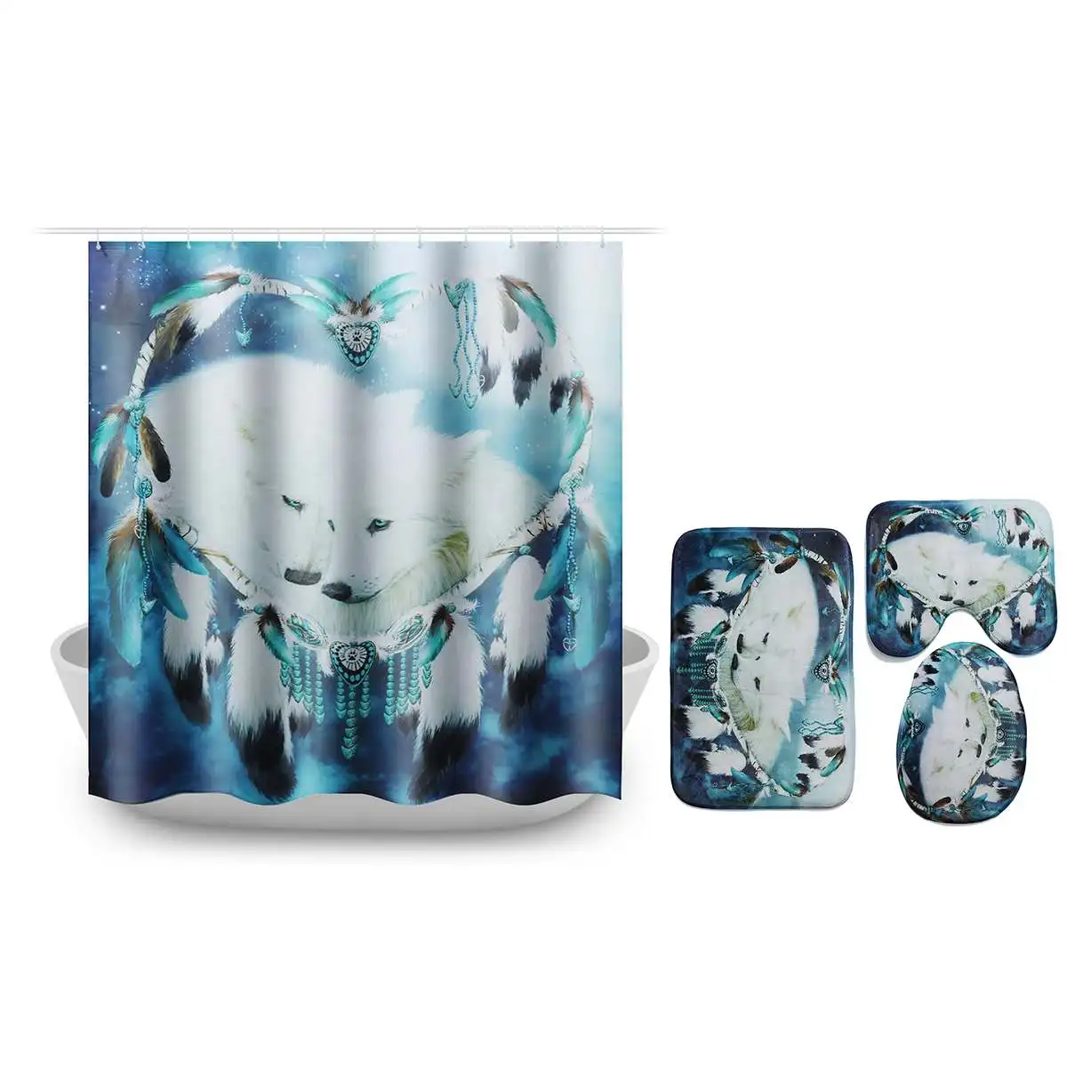 White Wolf 4Pcs 180x180 см 1 шт/3 шт/4 шт Белый Волк Ловец снов глаза волка с 12 крючками занавеска для ванной комнаты Душ туалет коврик крышка Ковер Наборы занавесок - Цвет: White Wolf 4Pcs