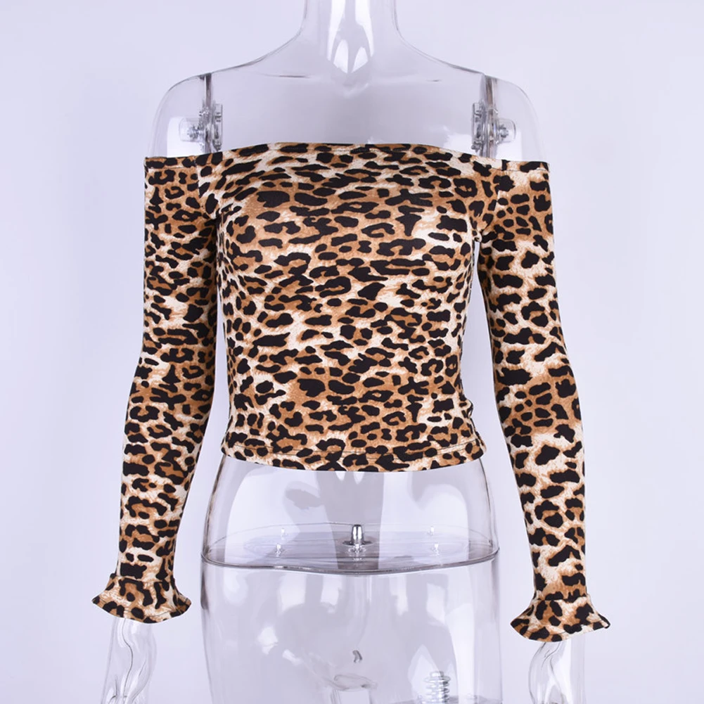 

New Women Off Shoulder Casual Long Sleeve Slim Crop Top Leopard Print Tank Top Fashion Slash Neck Short Blouse