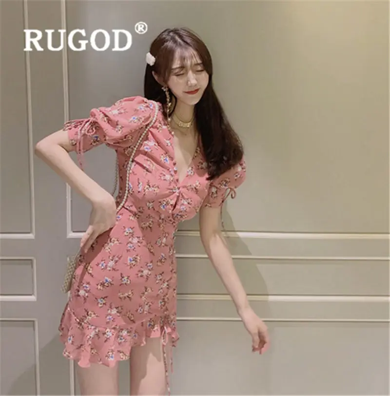 RUGOD Новое поступление Цветочное платье с рюшами женское платье с v-образным вырезом нерегулярный край летнее платье повседневное корейское платье