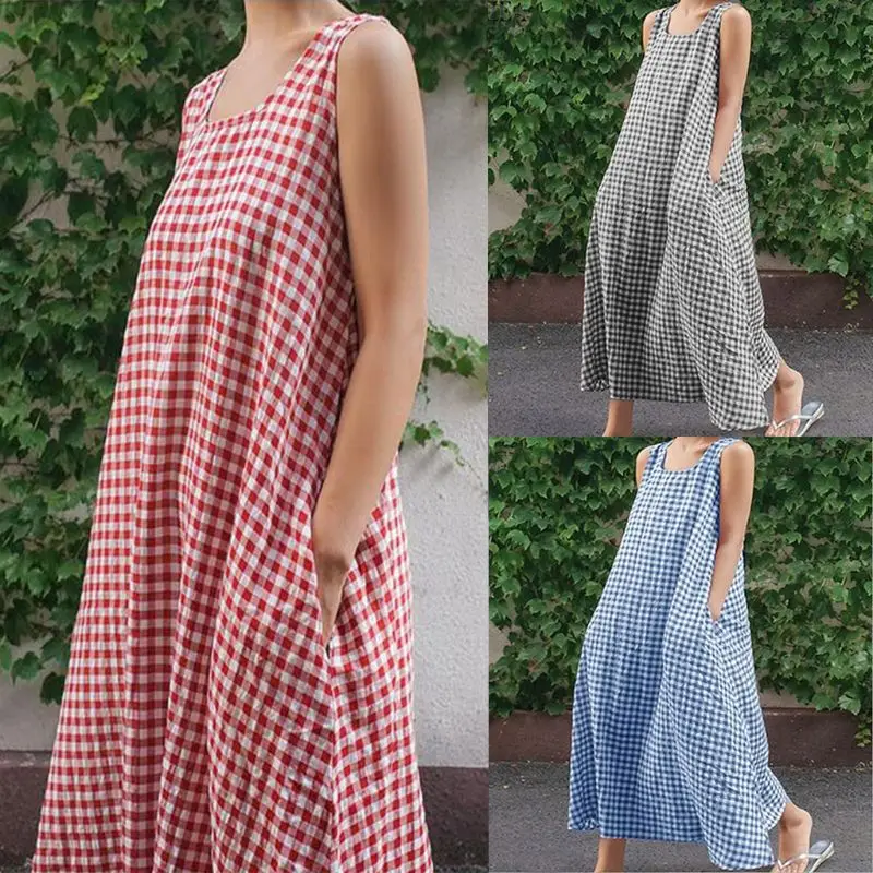 

Women Plus Size Summer Sleeveless Classical Check Plaid Cotton Linen Baggy Sundress Shirt Maxi Dress S-5XL