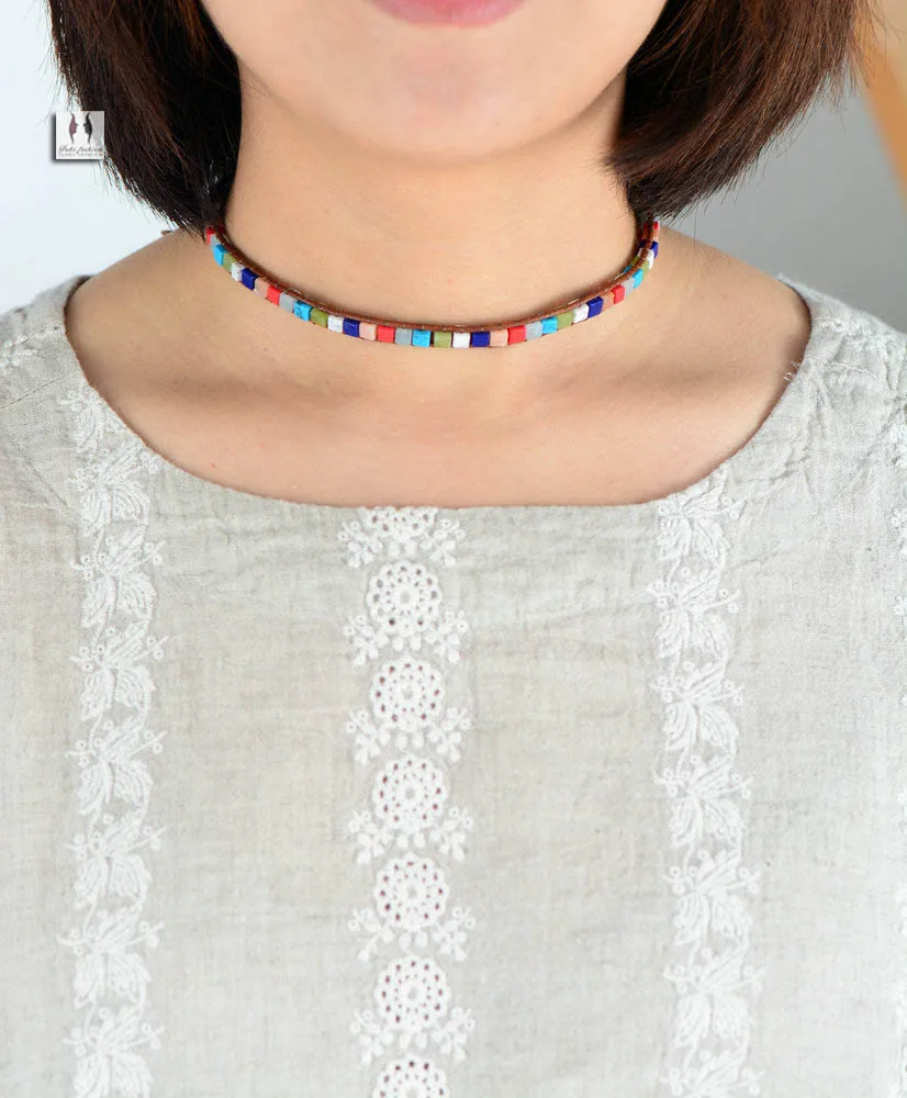 Кожаные браслеты смешанные квадратные натуральные камни 2 нити кожаные