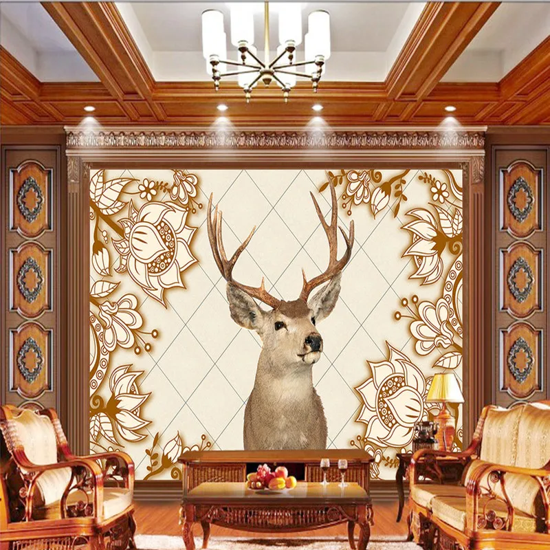 Chinese Style Murals High Quality Elk Wallpapers for Living Room Walls Decorative Painting with Marble Pattern Forest Home Decor |
