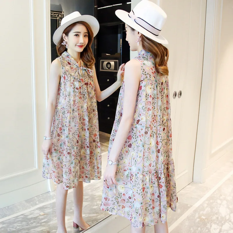 Лето 2018 Новое шифоновое платье без рукавов для беременных с кружевной бабочкой