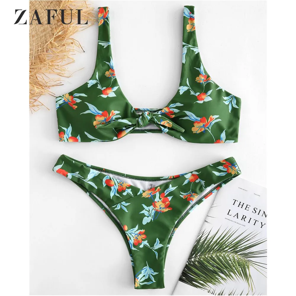 

ZAFUL Tie Front Floral Bikini Set Swimwear Women Swimsuit Plunging Neck Padded Tank Thong Bikini Bathing Suit Brazilian Biquni