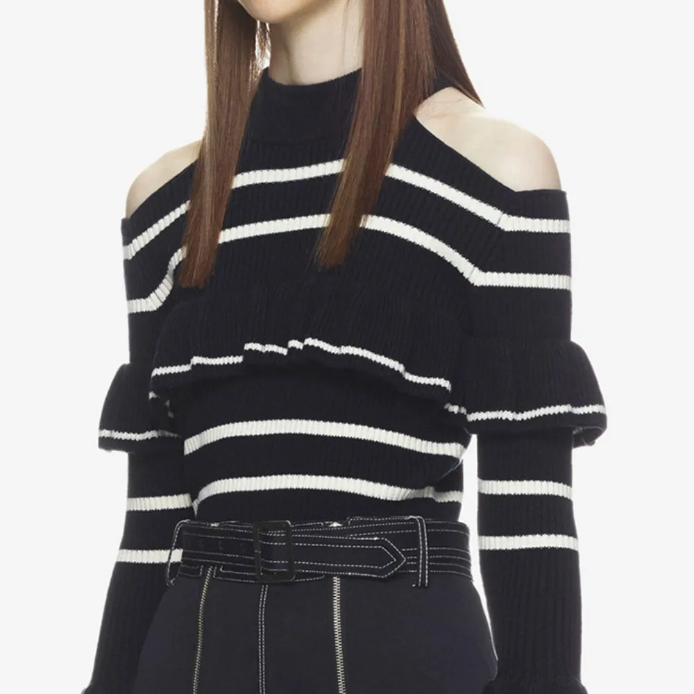 Sexy Off Shoulder Women's Striped Sweaters Ruffle Pullover 2018 Spring Female Personality Tops Flare Sleeve Self Portrait Jumper | Женская