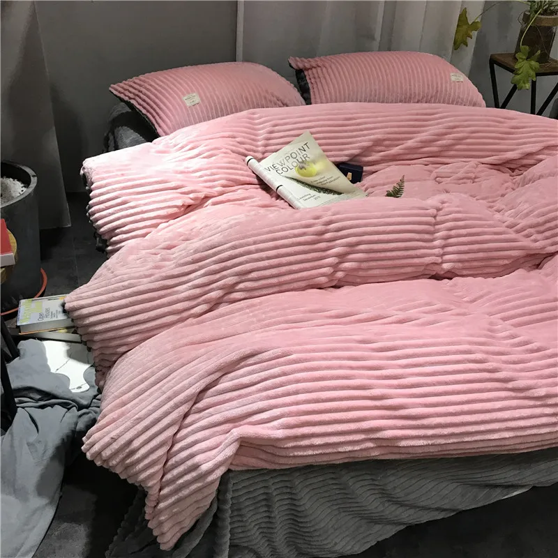 Winter Warm Soft Comfortable Double sided velvet Coral Fleece Mink Cashmere Bedding 4pcs Hot duvet Cover set lotus leaf sides | Дом и сад