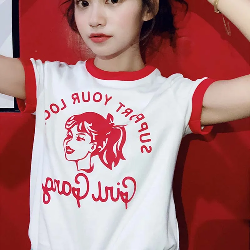 Support your local Girl gang fashion print Harajuku female shirt New Summer Retro Ulzzang Casual Kawaii tops cotton women | Женская