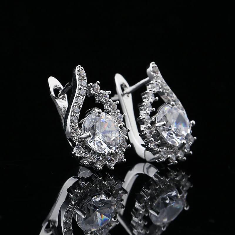 White Rhodium plated Blucome Классический Англия Крюк Цветок Серьги Для Женщин Девушки Полные Кристаллы CZ Циркон Позолоченные Малый Mujer Ohrringe Schmuck Англия крюк женщины циркон серьги серьги с зеленым камнем - Окраска металла: White Rhodium plated