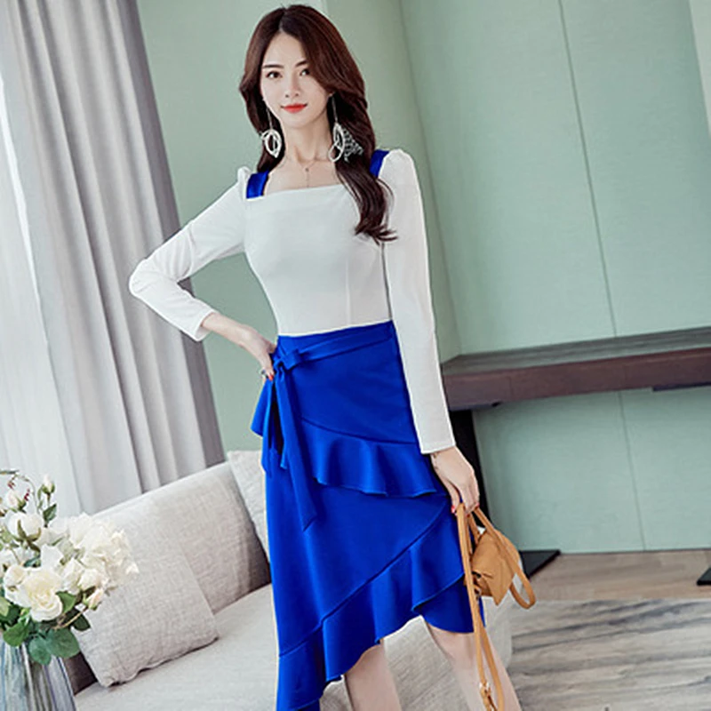 2019 Autumn New Fashion Dress Square Collar Slim OL Wind Stitching Ruffled Sleeve Head Solid Color Long Women's Clothing | Женская