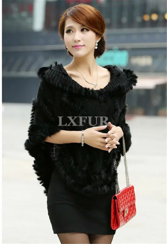 Модные женские вязаные шали с капюшоном и кроличьим мехом повседневные пончо