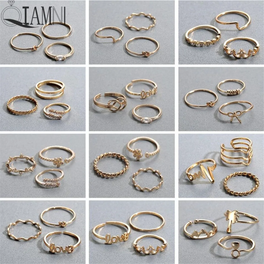 QIAMNI 3pcs/lot Pulse Heart Tree Bow Wave Zircon Love Flower Mountain Crown Round Knuckle Stackable Ring Set Women 's Toe | Украшения и
