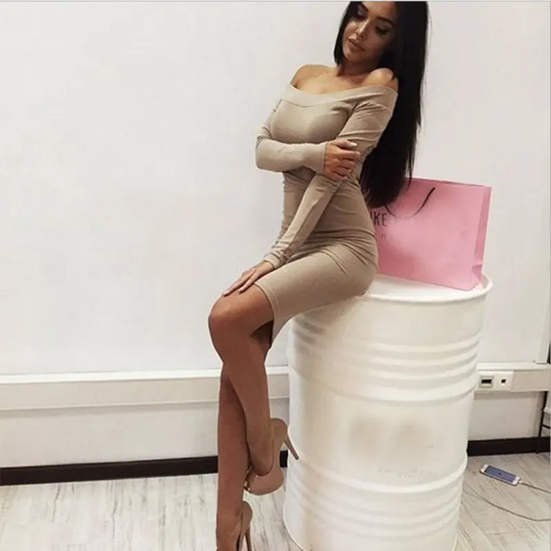 Весеннее платье Vestidos, однотонное женское вечернее платье с длинным рукавом и открытыми плечами, облегающее Бандажное мини-платье для женщин размера плюс