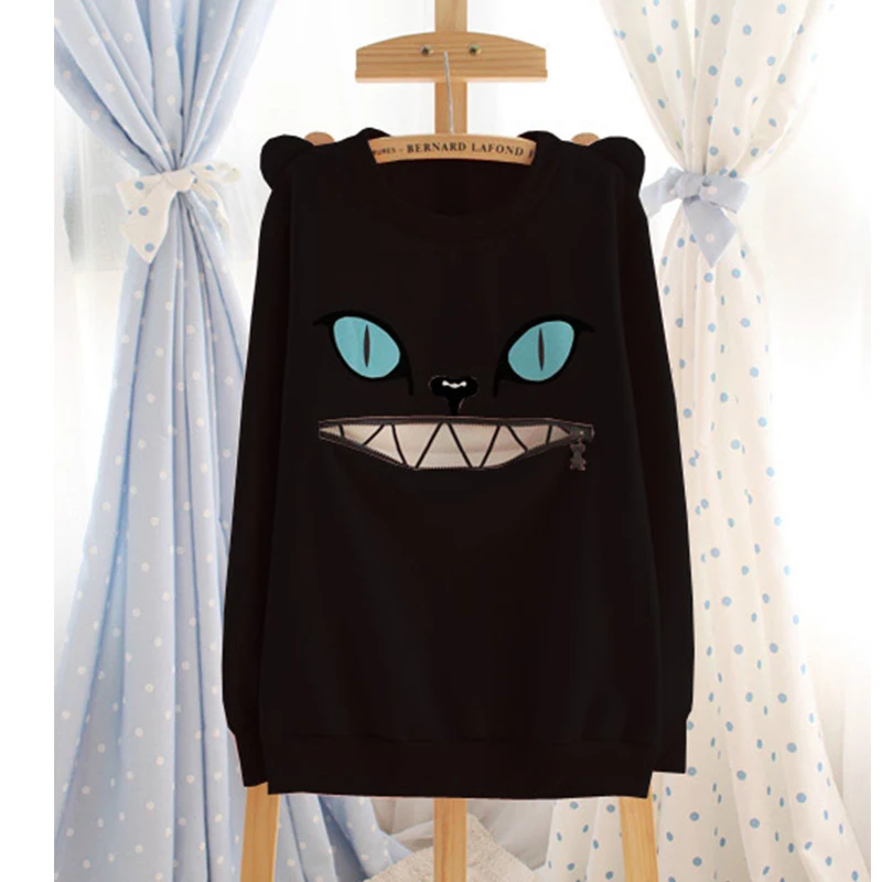 Милые животные уха Толстовка Для женщин мода молния Улыбка Рот 3D кошка женский