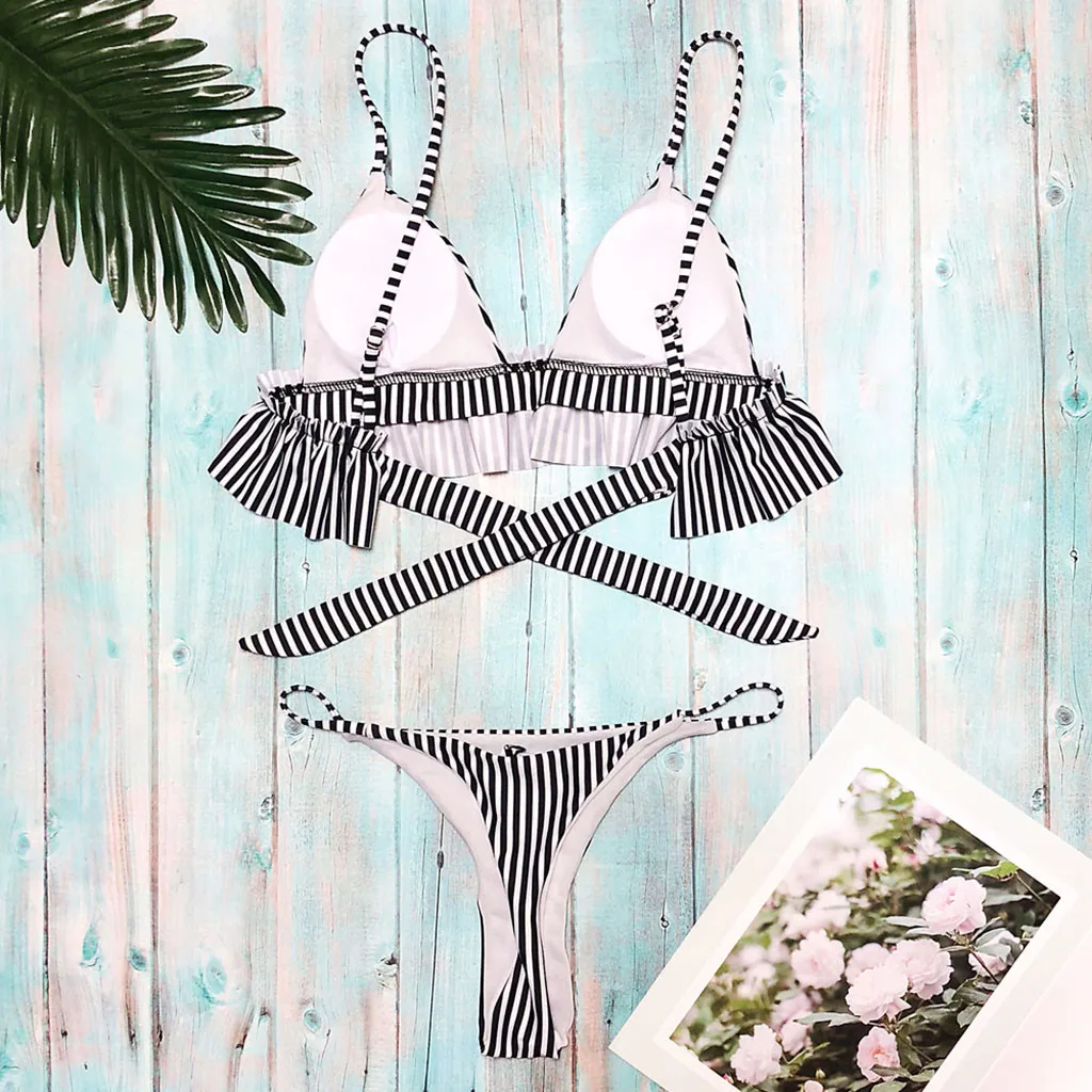 Для женщин Лето 2019 г. пляжная Лоскутная 2 шт. полосатый принт бикини купальник с