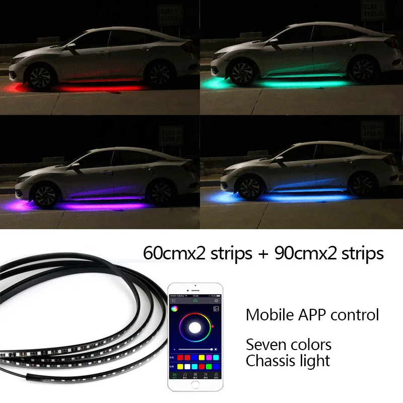 60cm 90cm App 12 В под автомобиль светодиодный светильник s Underglow Гибкая полоса светильник s RGB декоративная атмосфера под лампочкой шасси автомобиля днище система светильник - Испускаемый цвет: 60cm 90cm App