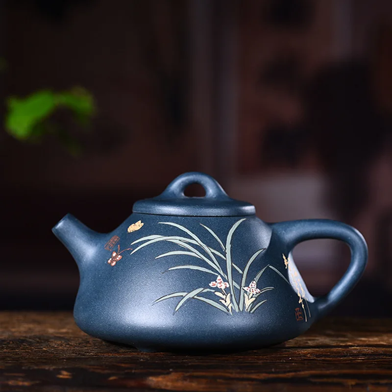 

Yixing purple clay pot genuine hand-made raw ore dark green mud painting Ziye stone ladle pot Kungfu Teapot Tea Set