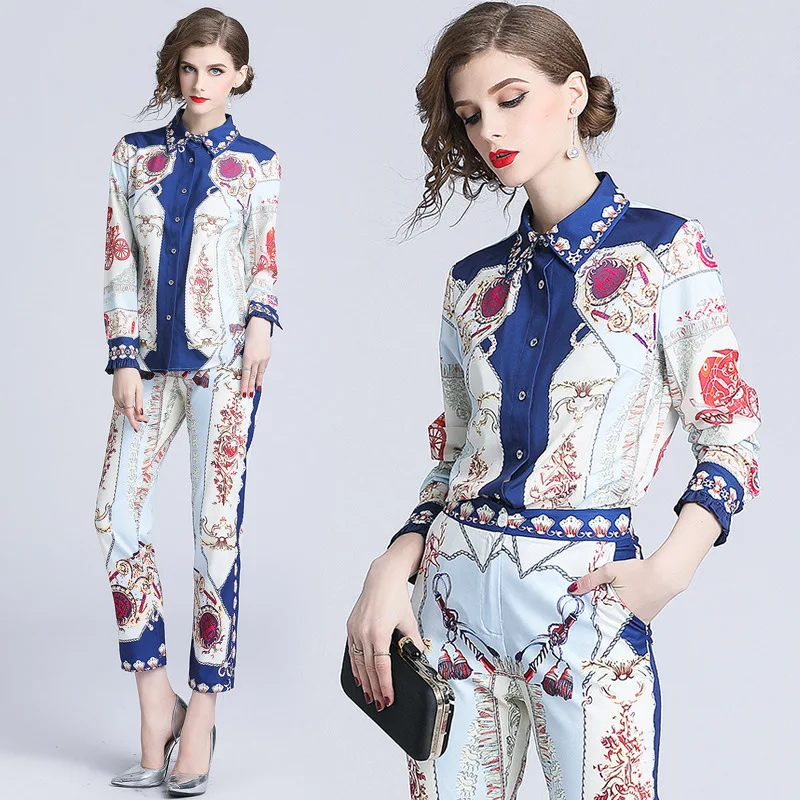 Модные Штаны для пробежки костюм женский с длинным рукавом Turn Down Воротник печати