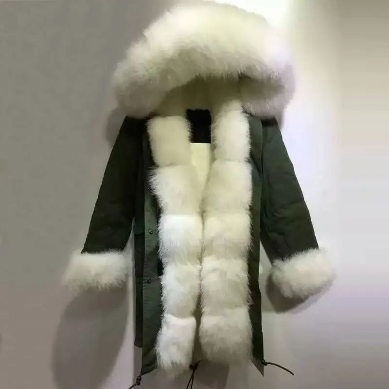 

Новое поступление, дизайнерская длинная куртка с капюшоном из белого лисьего меха и толстой подкладкой из искусственного меха