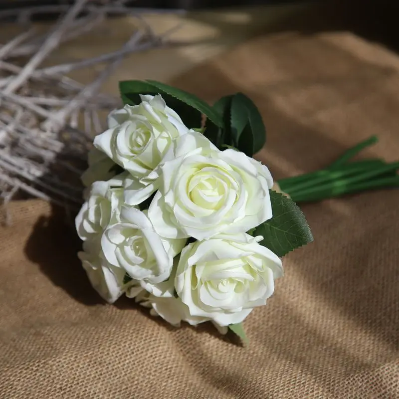 2 white Green 9 букет роз kwiaty fleurs blumen flores para manualidades fiori flor cicek шелковые цветы для украшения дома свадебный цветок - Цвет: 2 white Green