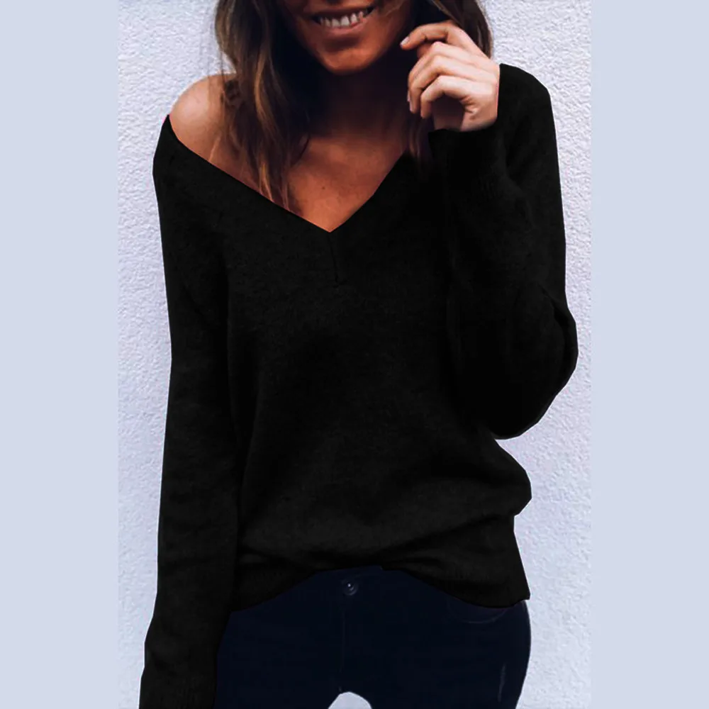 Autumn Winter Knitted Sweaters Women 2018 Loose Sweater Pullovers Jumper deep V-neck sexy Female Femme Tops | Женская одежда