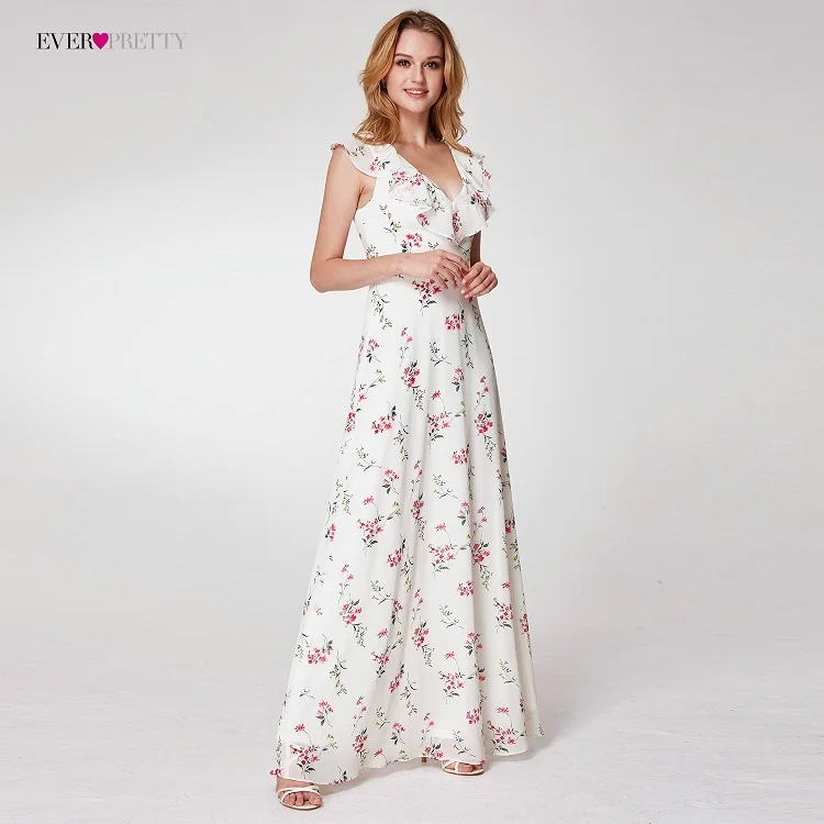 White Платья подружек невесты Ever Pretty EP07241 длинное шифоновое платье трапециевидной формы с цветочным рисунком и v-образным вырезом весеннее свадебное пляжное платье женские вечерние платья - Цвет: White