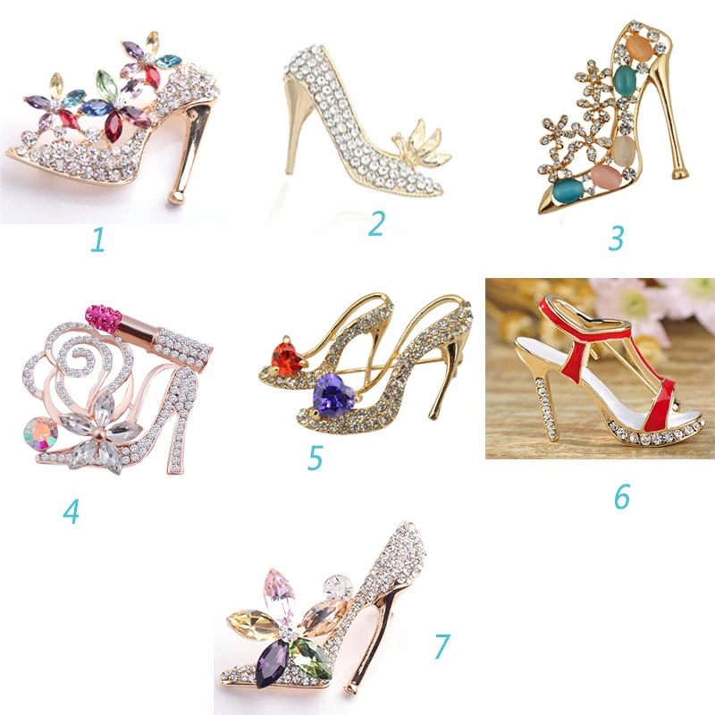 

60 шт./лот 7 стилей Лидер продаж элегантные блестящие женские Броши со стразами на высоком каблуке для обуви для свадьбы Вечерние НКИ/украшен...
