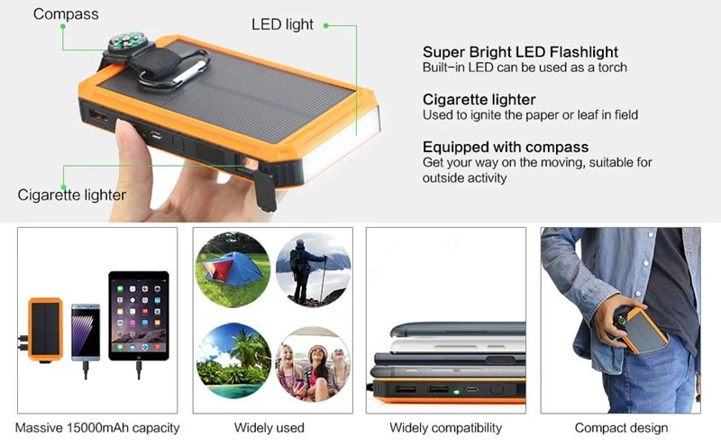 Солнечное зарядное устройство сигаретный светильник er power Bank 20000mAh внешний Солнечный водонепроницаемый аккумулятор для смартфонов с светодиодный светильник