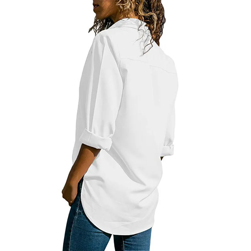 Fashion Autumn Pure color V collar Eye buttonhole Long sleeves Chiffon shirt Women Top Female Blouse Shirt
