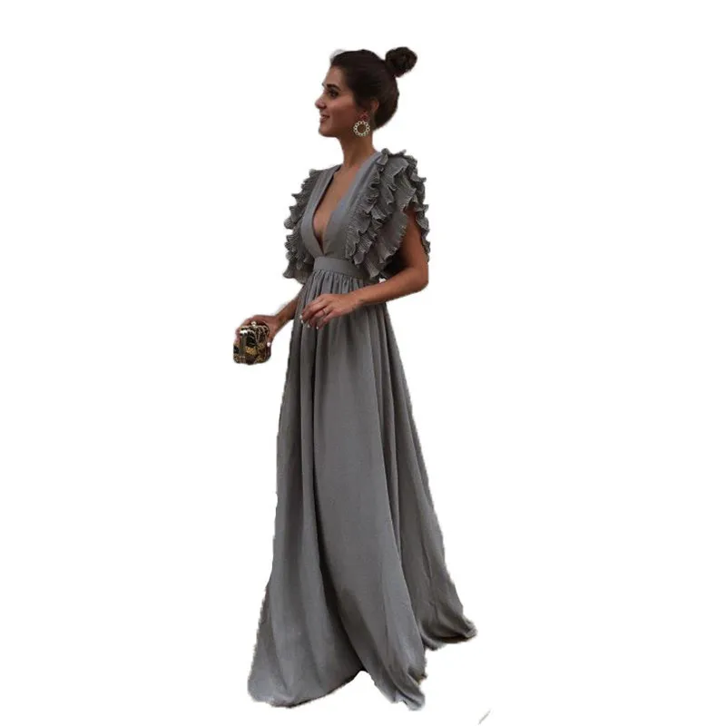 

2019 new European Station women's flying sleeve V collar with pure long skirt