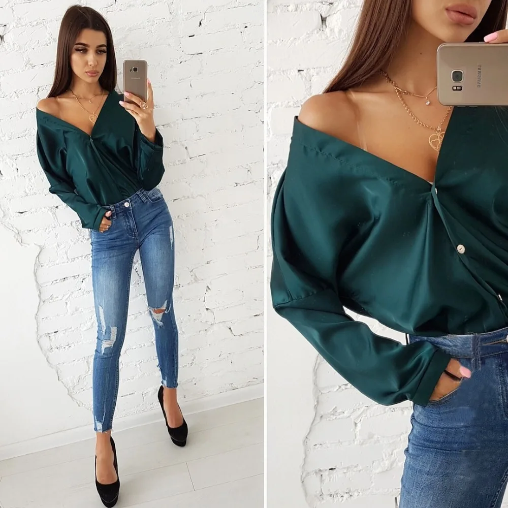 Autumn Top 2019 Fashion Solid Sexy Deep V-neck Off Shoulder Long Sleeved Blouse Women Casual Button Loose Bat Sleeve Party Shirt | Женская