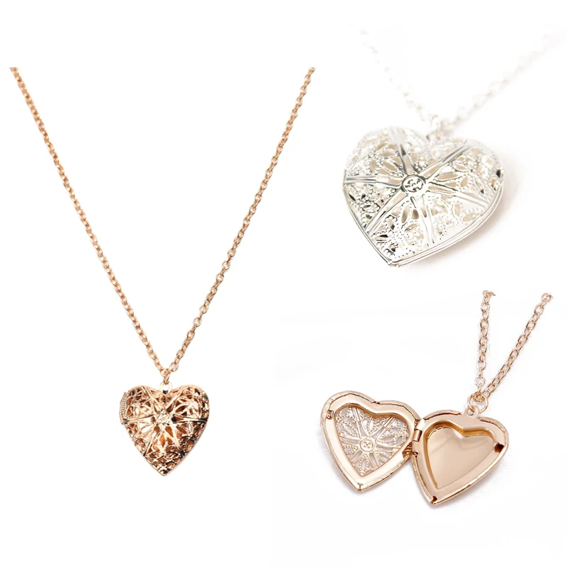 

2019 New Creative Heart Shape Hollowed Photo Secret Medallion Necklace Alloy Pendant Necklace Set Friends Couples Gifts Jewelry