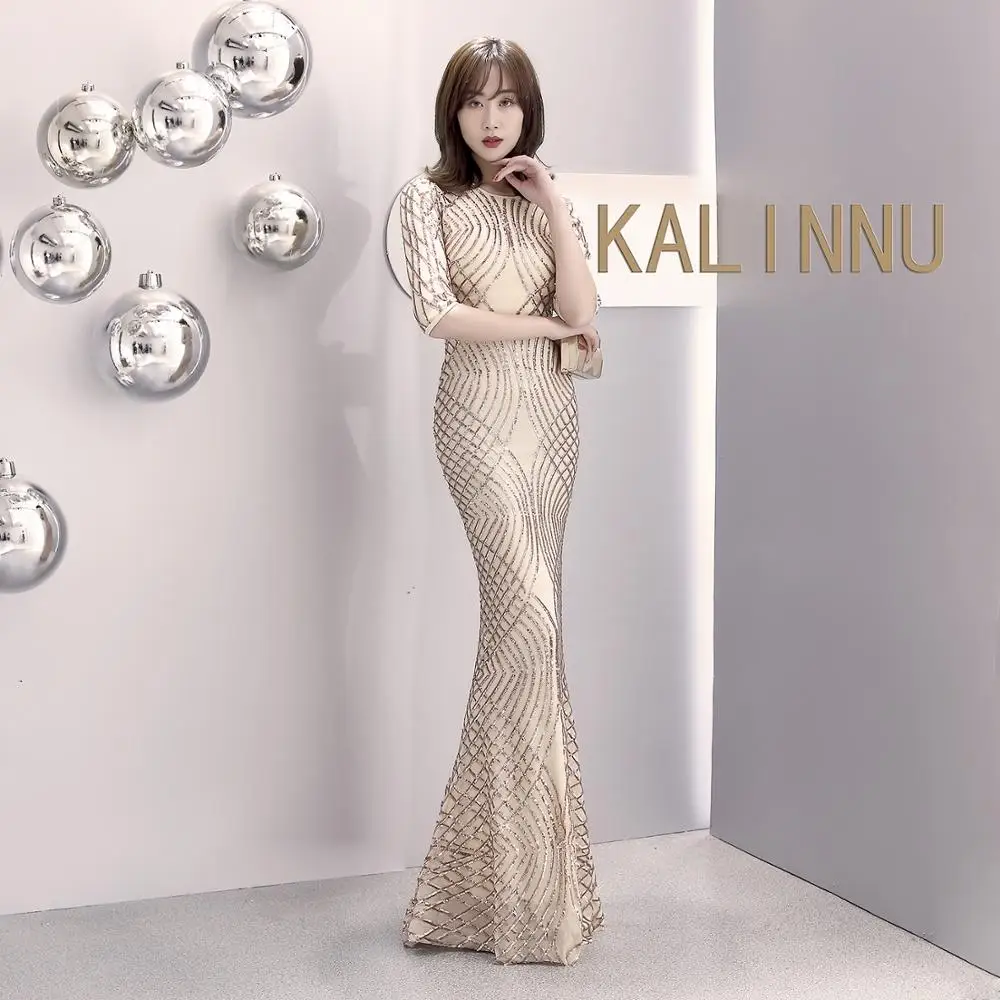 Женское вечернее платье с блестками Элегантное Длинное цвета шампань рукавом до