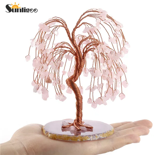 1pc Rose Quartz Sunligoo розовый кварц целебные Хрустальные Фигурки дерева драгоценный камень с натуральным агатом основа денежное дерево фэн-шуй украшения 5,12-6,29" - Цвет: 1pc Rose Quartz