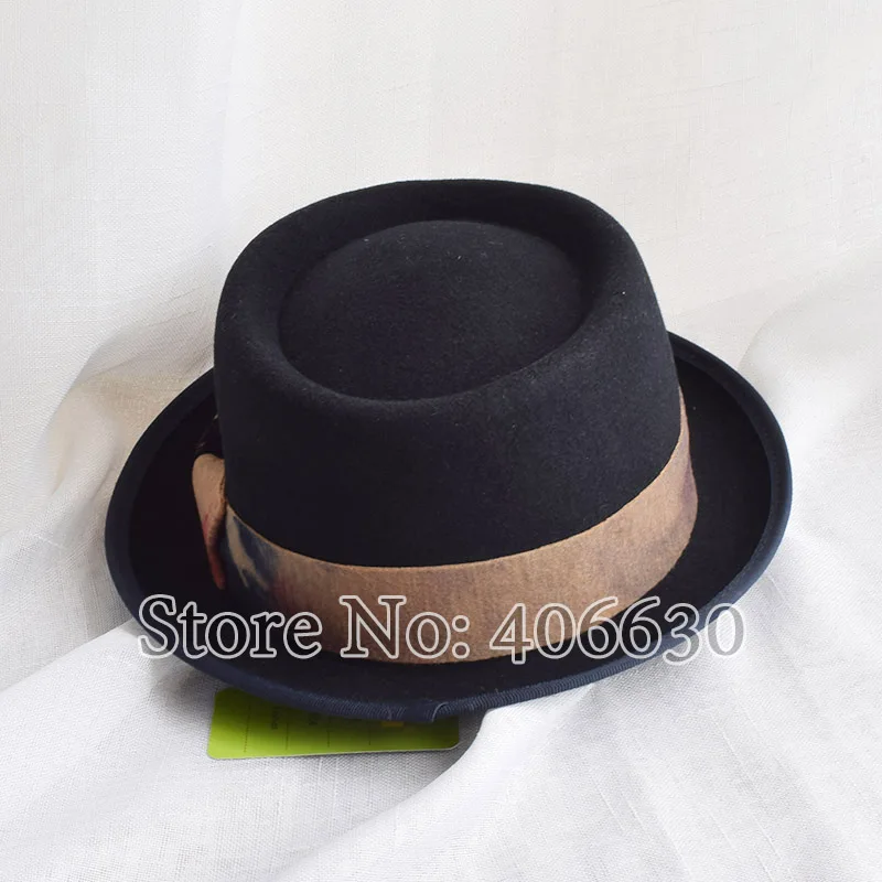 Winter Black Wool Felt Porkpie Hats For Men Chapeu Women Fedora Flat Top Caps Free Shipping BMDW028