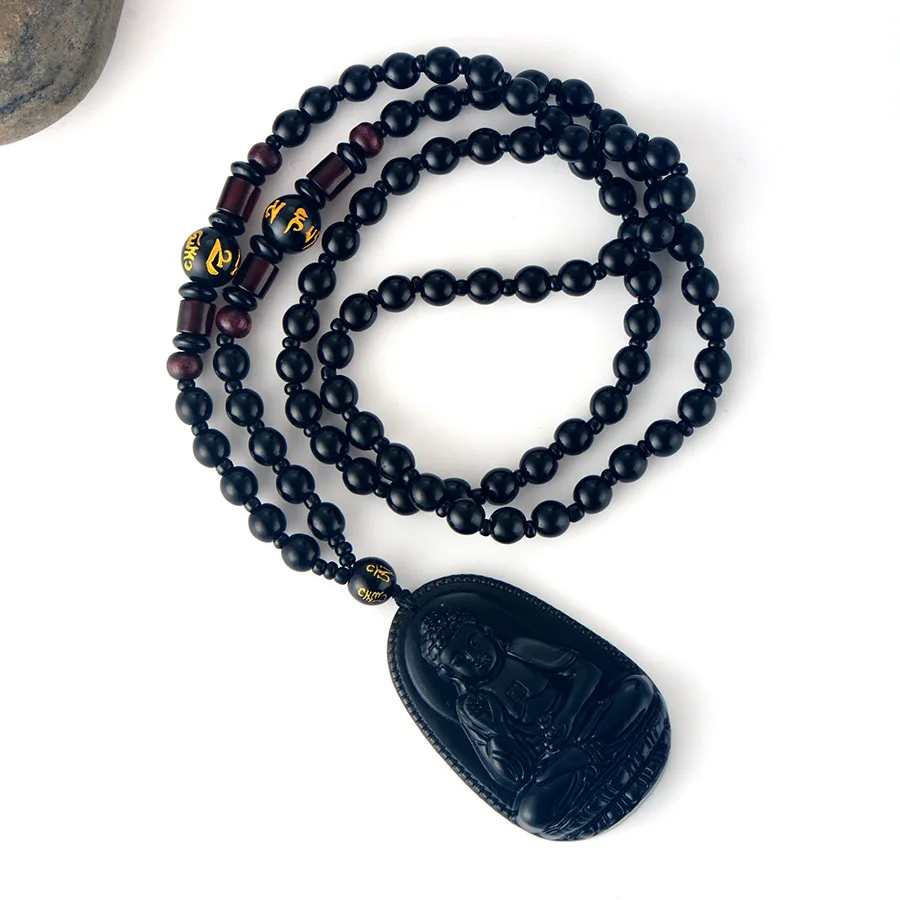 Природный черный обсидиан Будда Амулет кулон ожерелье классическое женское