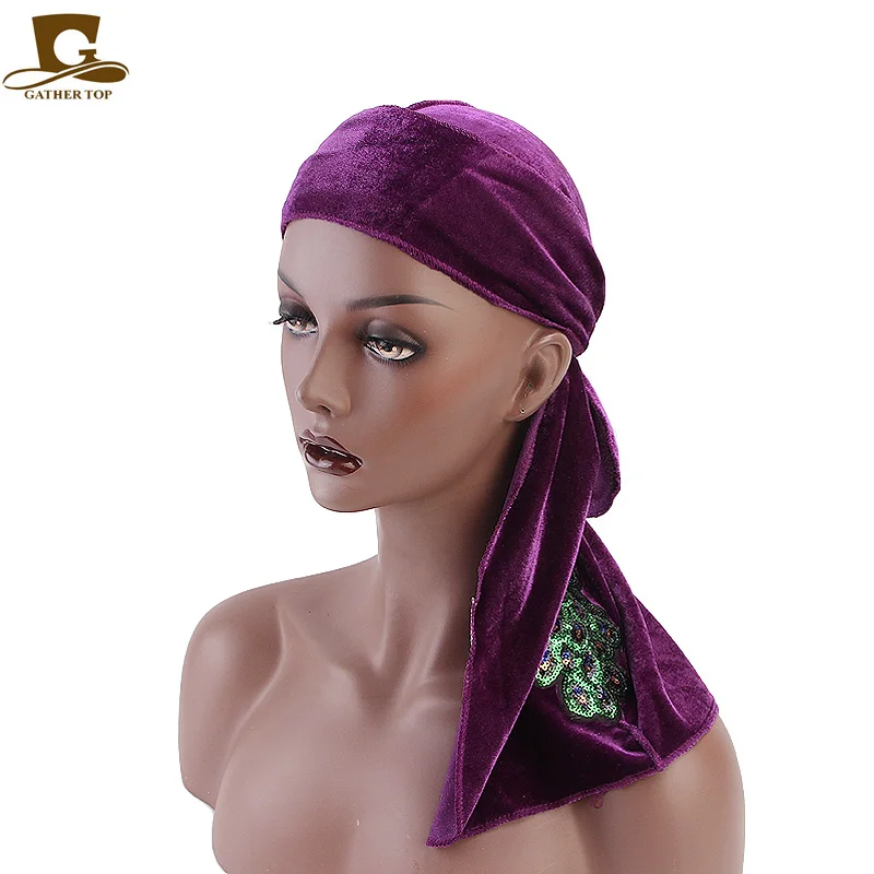 Унисекс Durag красочные блёстки бархат бандана сплошной цвет шляпа длинный хвост