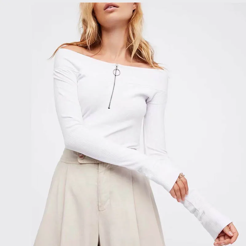 Zipper Off the Shoulder Women Sweater Skinny Elastic Knitted Full Sleeve Pullover Feminino Soft Femme Spring Jumper High Quality | Женская