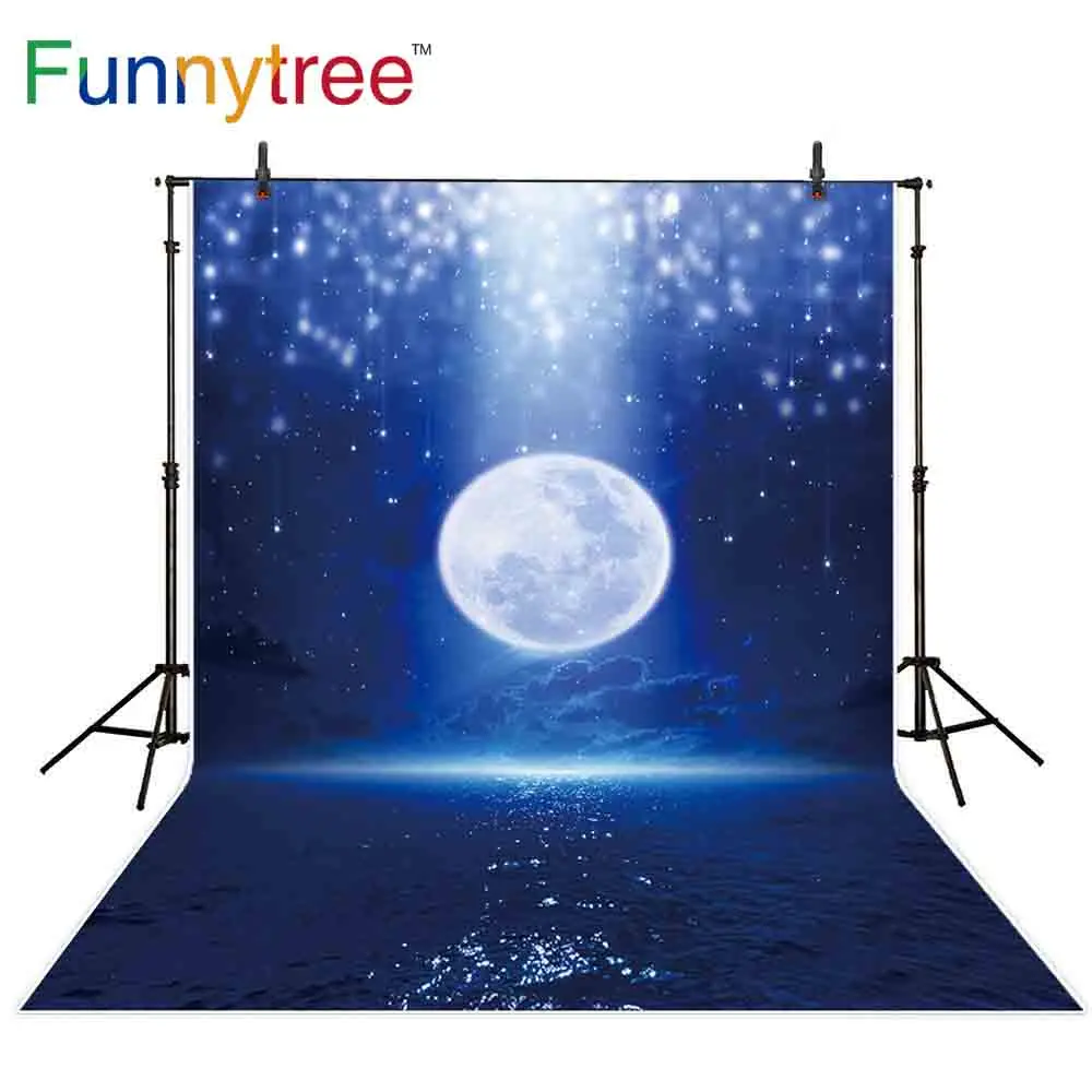 Фоны Funnytree для фотостудии Большая Луна море ночное небо боке гало Фантастическая