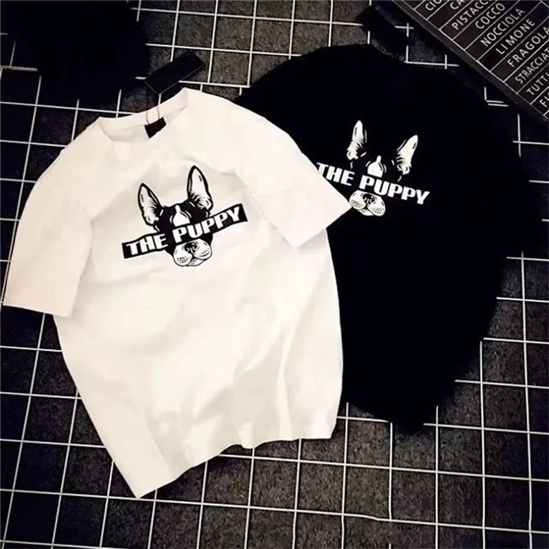 Для женщин сплошной цвет мультфильм щенок печати Половина рукава футболка лето