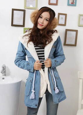 light blue Джинсовая куртка женская из овечьей шерсти зимнее пальто Длинная толстая парка с хлопковой подкладкой - Цвет: light blue