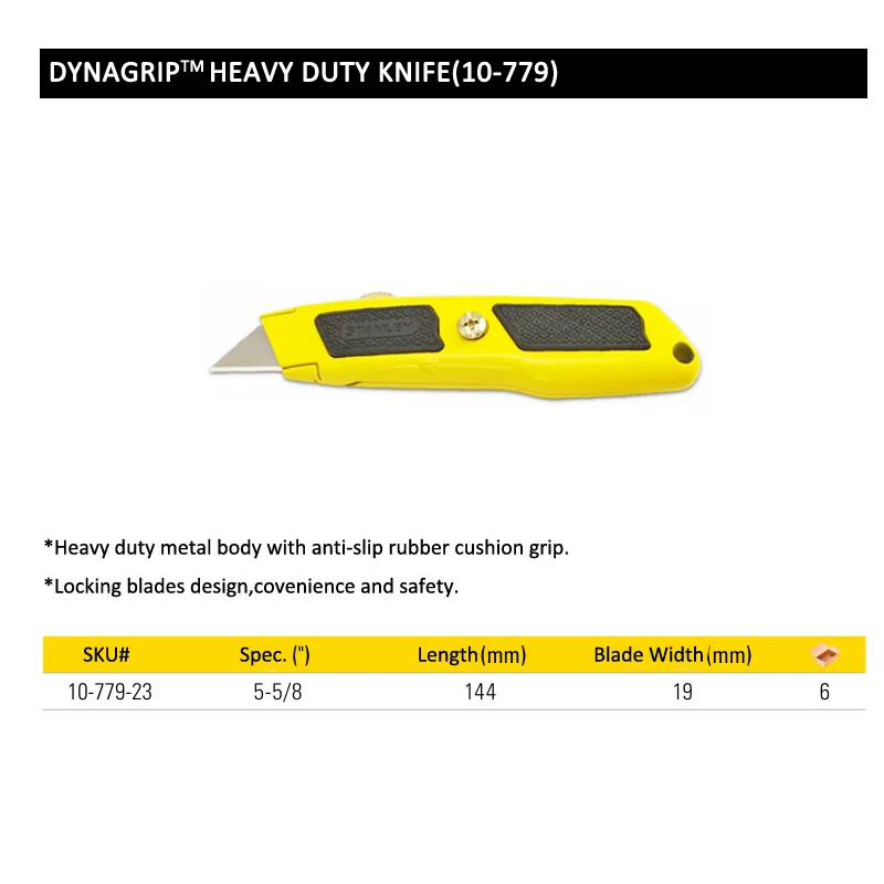 

Stanley 10-779 Dynagrip Retractable knife metal body with rubber cushion grip fixed blade utility knife length 5-5/8" yellow