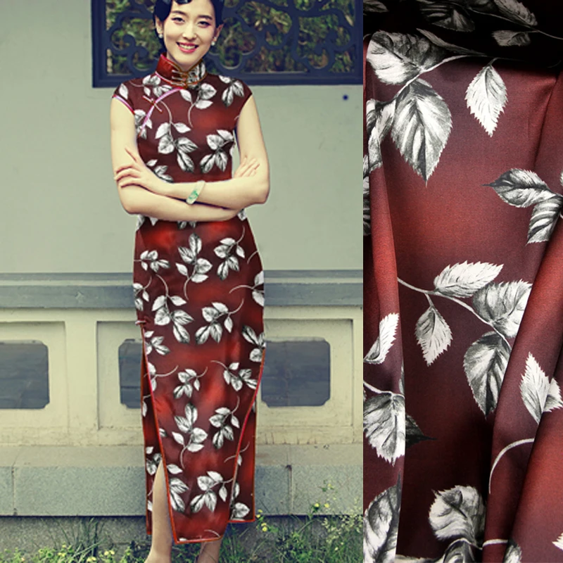 118CM Wide 19MM 93% Silk & 7% Spandex Leaves Print Stretch Red Silk Satin Fabric for Summer Dress Clothes Cheongsam D1057
