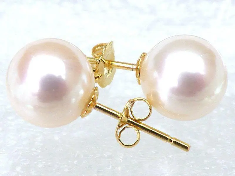 Чрезвычайно Роскошные 7 8 мм AAA +++ круглые белые жемчужные серьги akoya 14k желтое