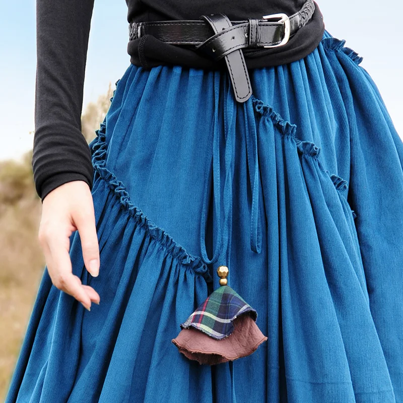 Women's Corduroy Bohemian Maxi Skirt, Elastic Waist, Layered Big Hem, Autumn and Winter Fashion image 3
