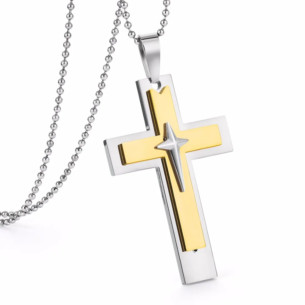 Мужская цепочка из нержавеющей стали с бусинами ожерелье крестом золотистого и