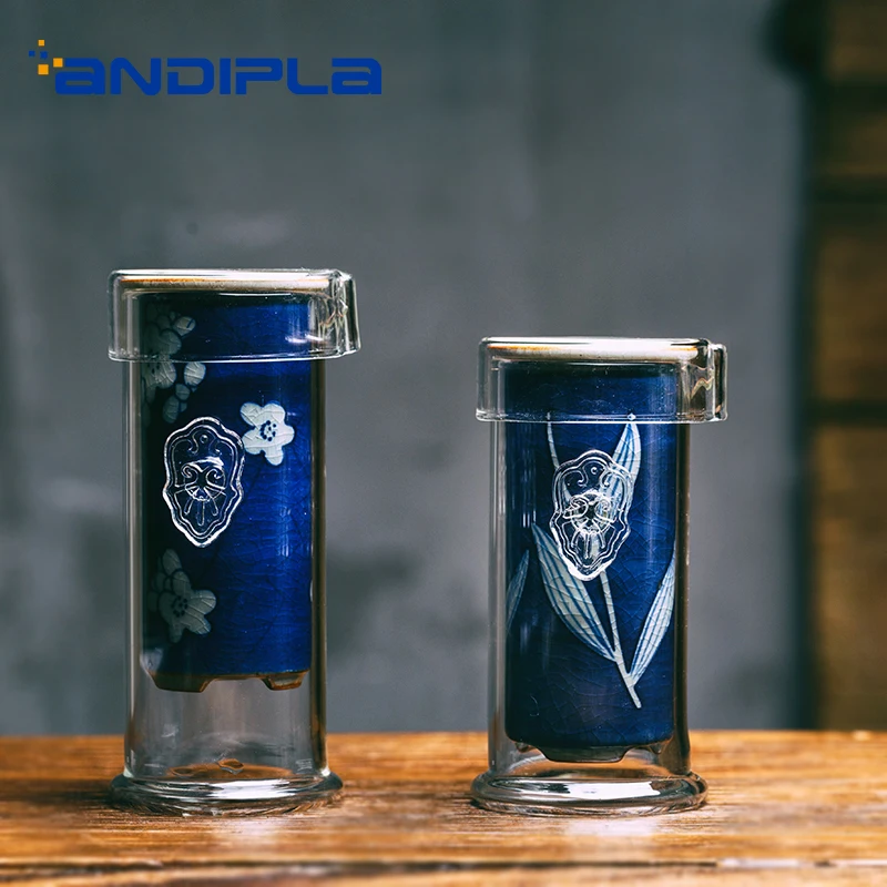 Винтажная термостойкая прозрачная стеклянная черная чайница синий и белый