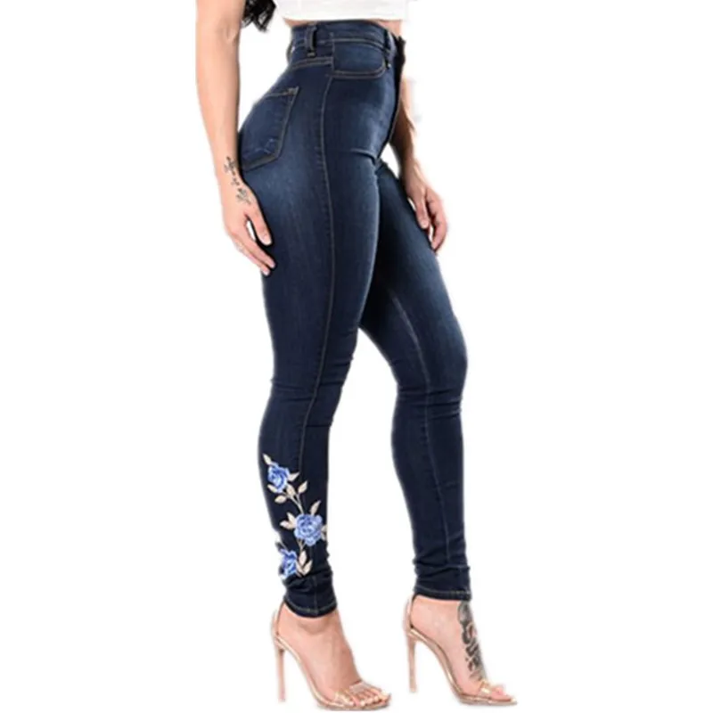 Женские джинсы с вышивкой узкие эластичные высокой талией и карандашами женские